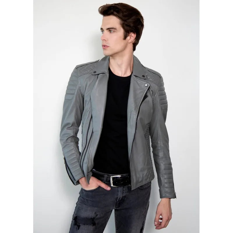 Mens Gray Quilted Genuine Leather Motorcycle Jacket – Vintage Jacket
