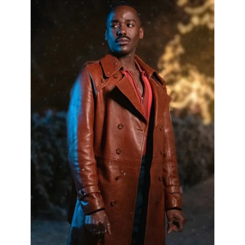 ワコマリア　LEATHER DOUBLE BREASTED COAT Doctor Who 2024 Ncuti Gatwa Brown Leather Trench Coat – Vintage Jacket