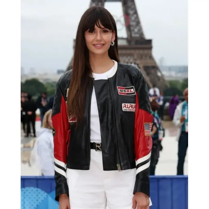 Nina Dobrev Olympics 2024 Black Leather Jacket – Vintage Jacket