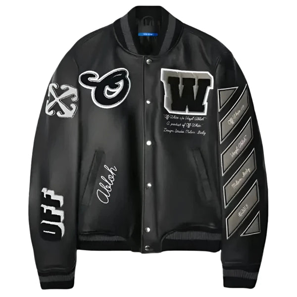 Off White Leather Black Leather Varsity Jacket