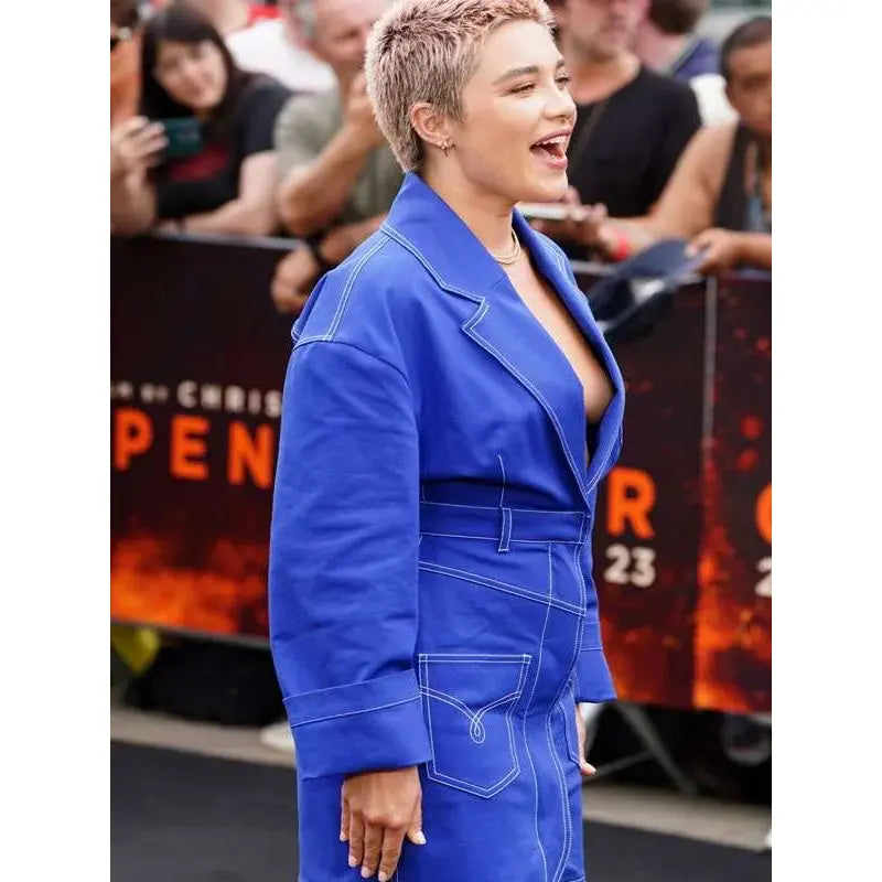 florence pugh blue dress oppenheimer Florence Pugh Goes Blue in M05CH1N0 Jeans at 'Oppenheimer' Photo Call