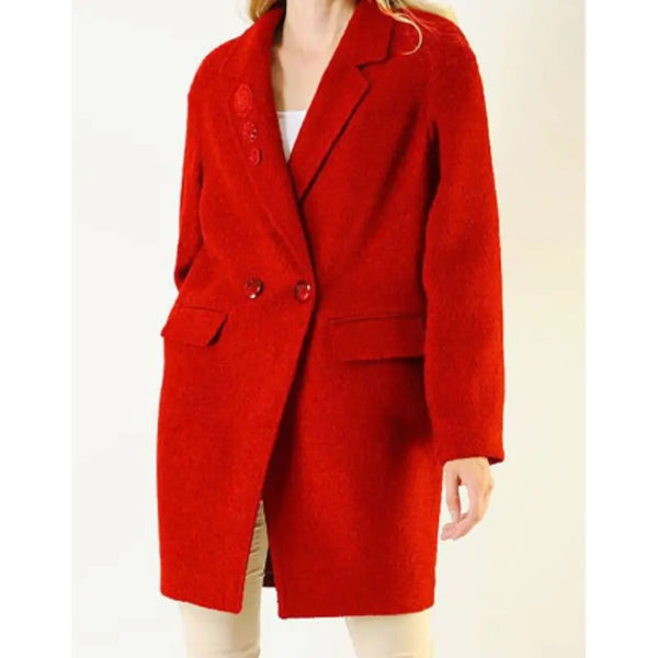 Red Boucle Double Breasted Wool Coat