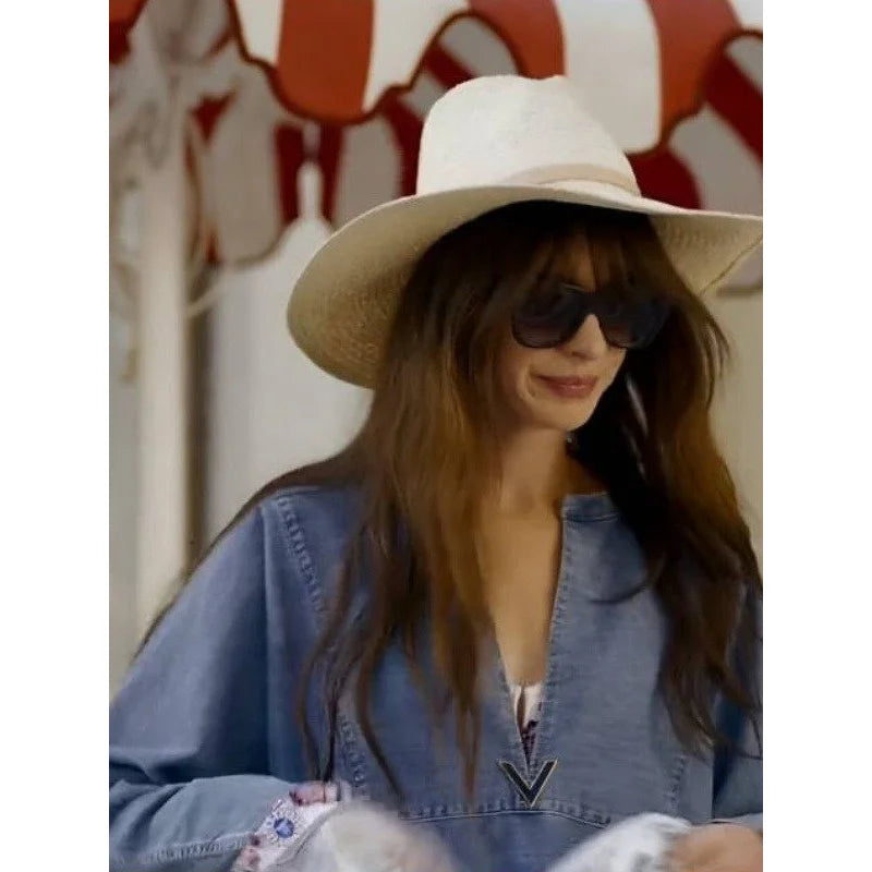 anne hathaway denim dress The Idea of You Anne Hathaway Denim Blue Dress – Vintage Jacket