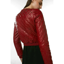 WomenRedBomberStuddedLeatherJacket