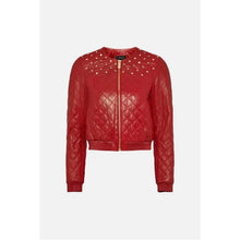 WomenRedBomberStuddedLeatherJackets