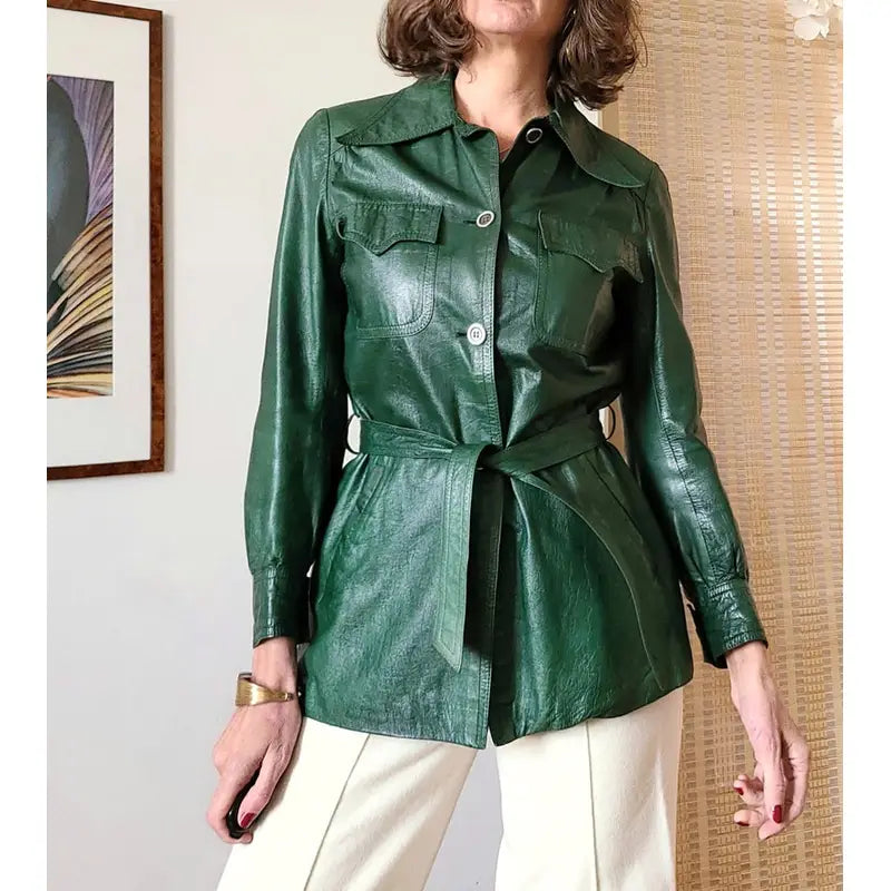Women Dark Green Belted Vintage 70s Leather Jacket – Vintage Jacket