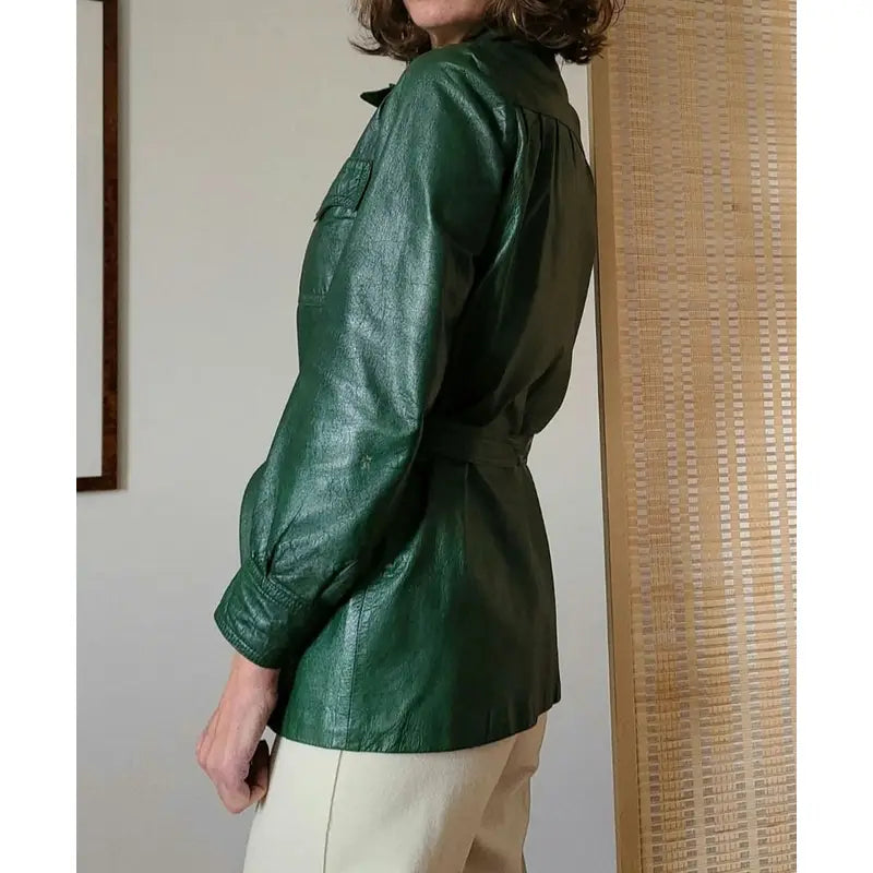 Women Dark Green Belted Vintage 70s Leather Jacket – Vintage Jacket