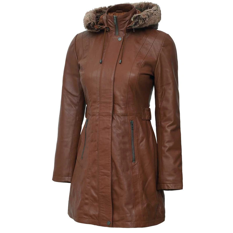 Womens Brown Leather Long Coat with Removable Fur Hood – Vintage 
