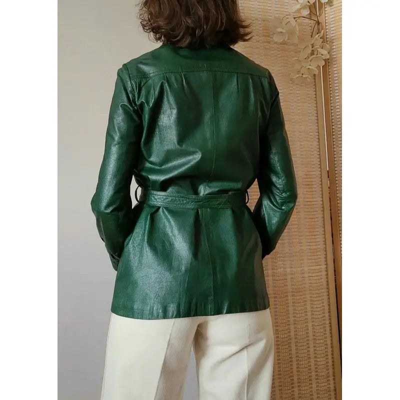 Women Dark Green Belted Vintage 70s Leather Jacket – Vintage Jacket