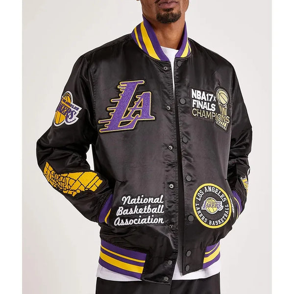 LA Lakers 17X Champions Black Full-Snap Varsity Satin Jacket
