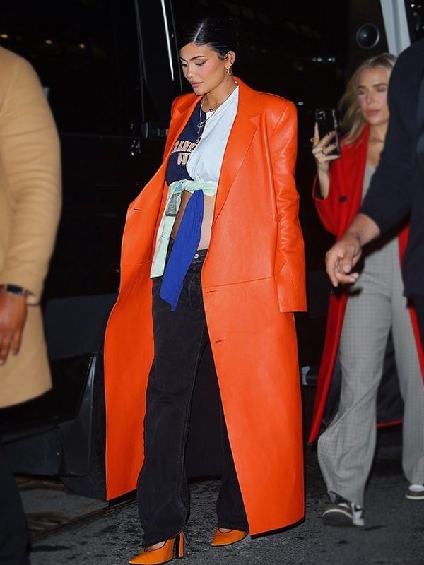 Kylie Jenner Orange Leather Coat