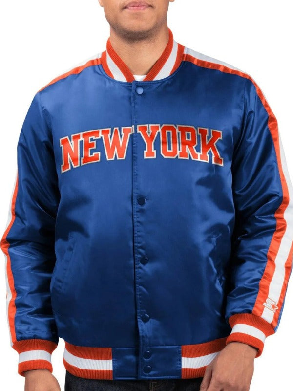 New York Knicks Striped Blue Satin Varsity Jacket