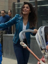 Sex Life Sarah Shahi Blue Leather Jacket