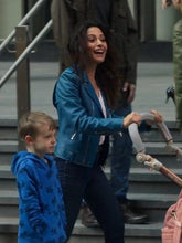 Sex Life Sarah Shahi Blue Leather Jacket