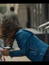 Sex Life Sarah Shahi Blue Leather Jacket