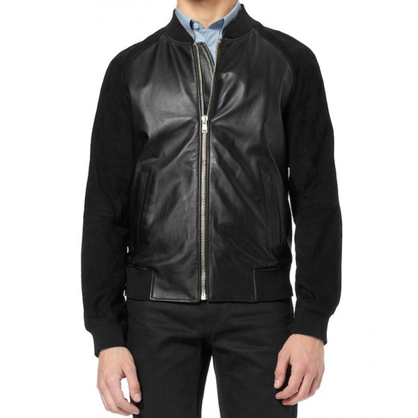 Andrew Garfield Suede Sleeves Black Leather Bomber Jacket Flat 30% off ...